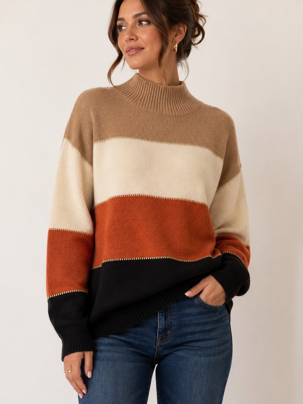 H Halston NWT Colorblock Mock Neck Sweater Rust Camel Black M